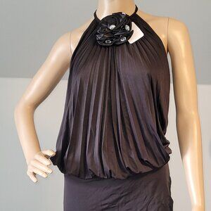 Sexy Women Black Dressy Blouse Stretch Tunic with Floral Accent Backless Medium